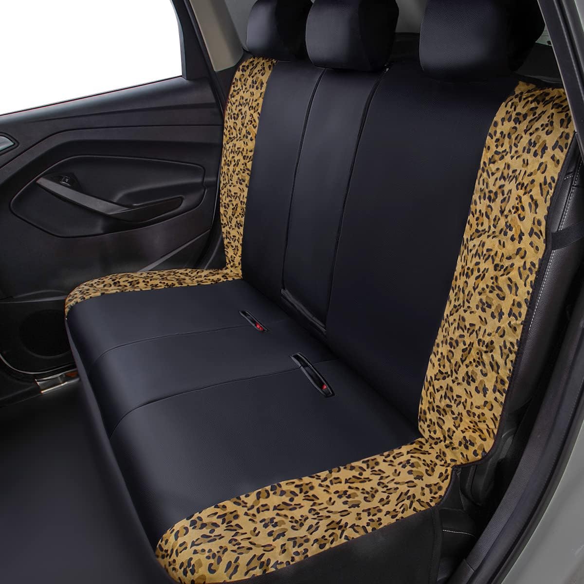 Flying Banner car seat Covers Protects Leopard Printing Velvet Faux Leather Carbon Fiber Front and Rear Bench (Leopard Brown Black, Full Set - 8PCS)