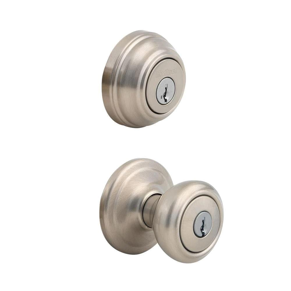 Cameron Satin Nickel Exterior Entry Door Knob and Single Cylinder Deadbolt Combo Pack Featuring SmartKey Security