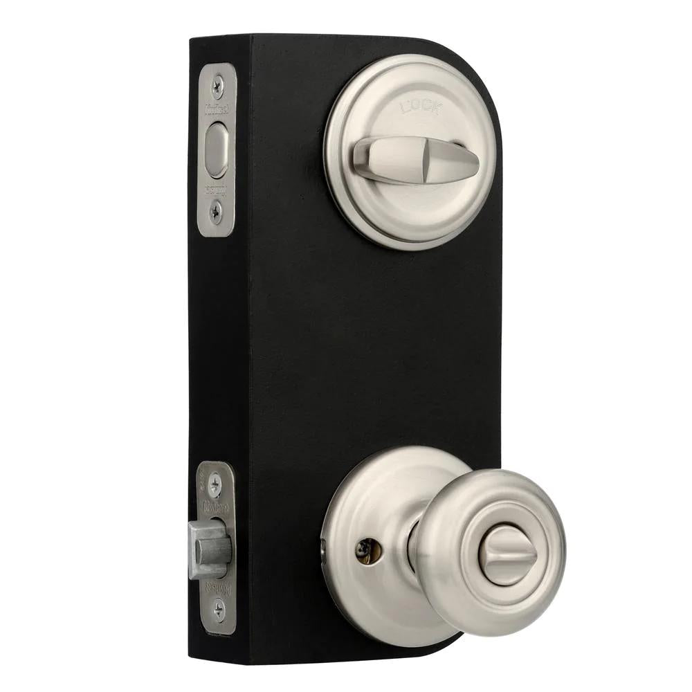 Cameron Satin Nickel Exterior Entry Door Knob and Single Cylinder Deadbolt Combo Pack Featuring SmartKey Security