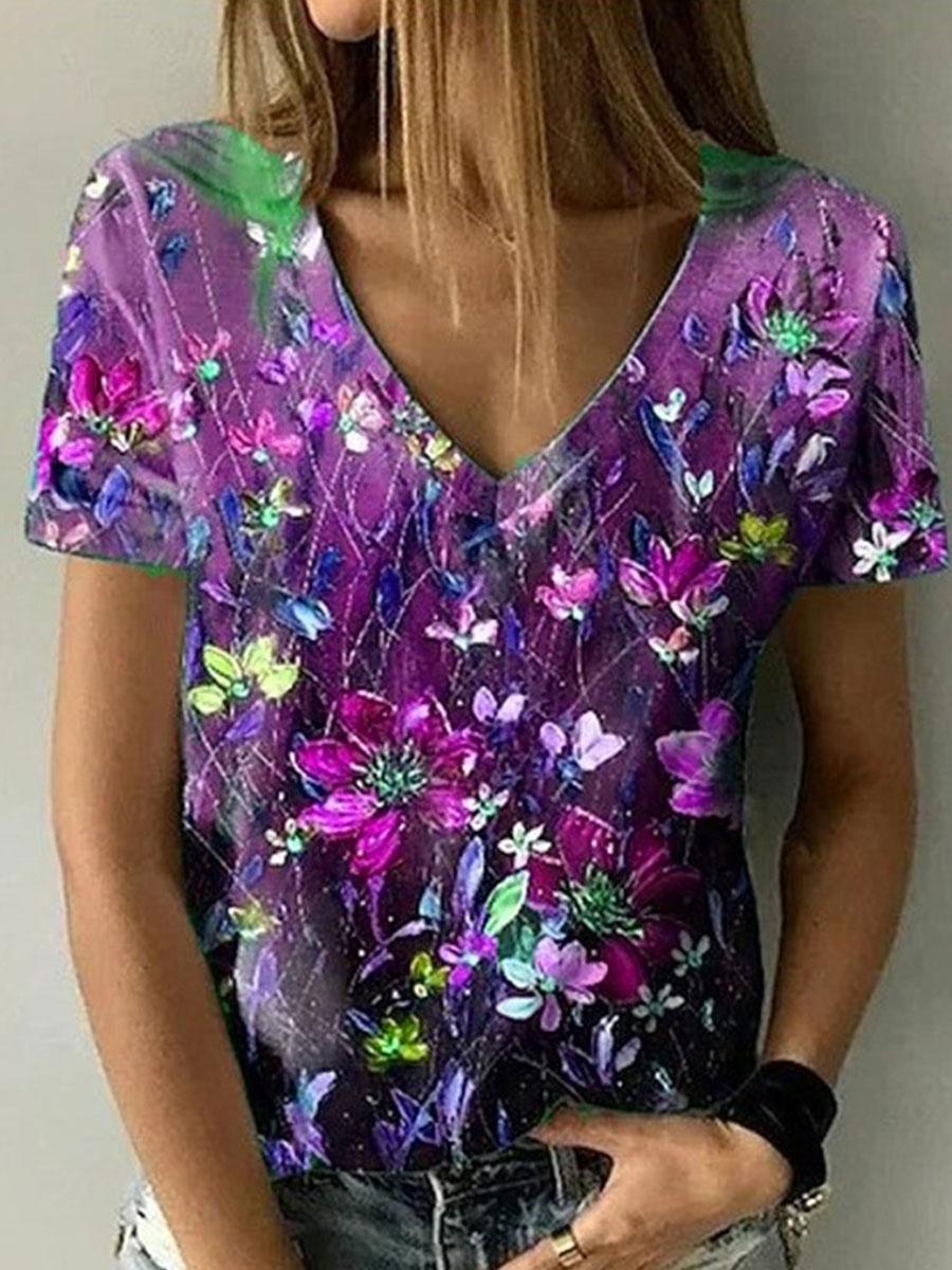 V-neck Casual Loose Floral Print Short Sleeve T-shirt