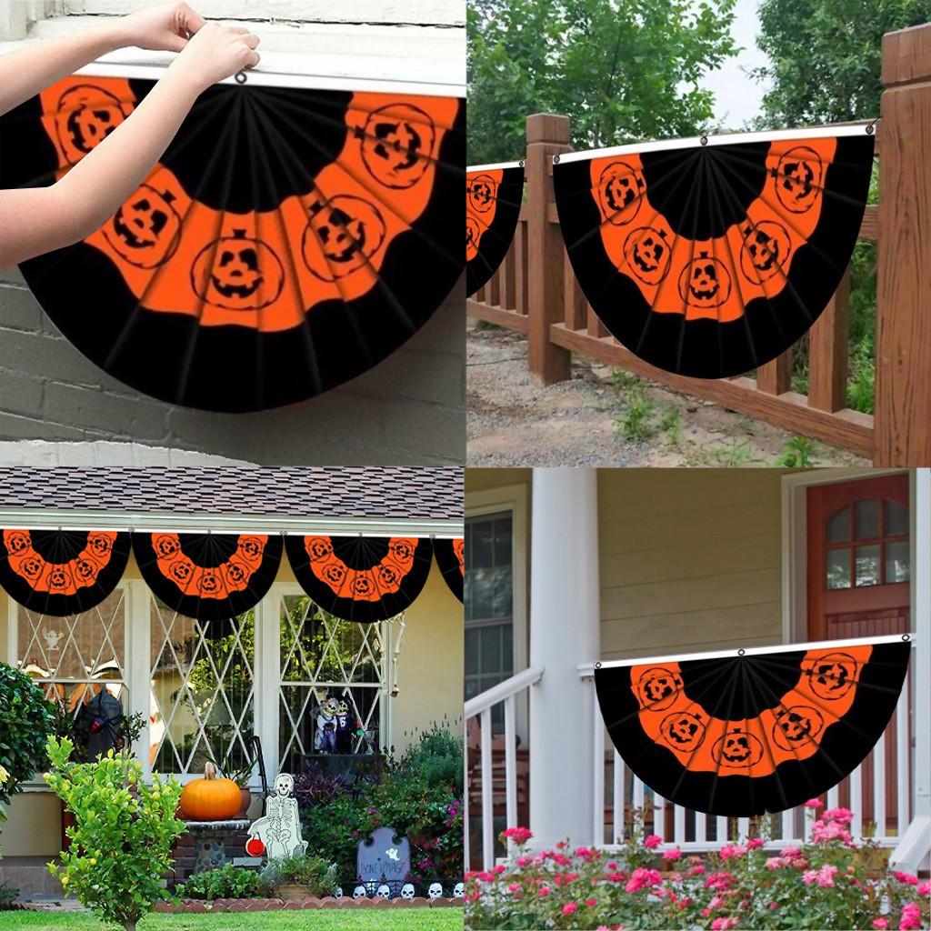Mnycxen Happy Halloween Pumpkin Lantern Bunting Fan Semicircular Flag Party Decor45X90Cm