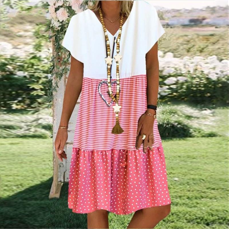 Ladies casual V-neck printed short sleeve dress