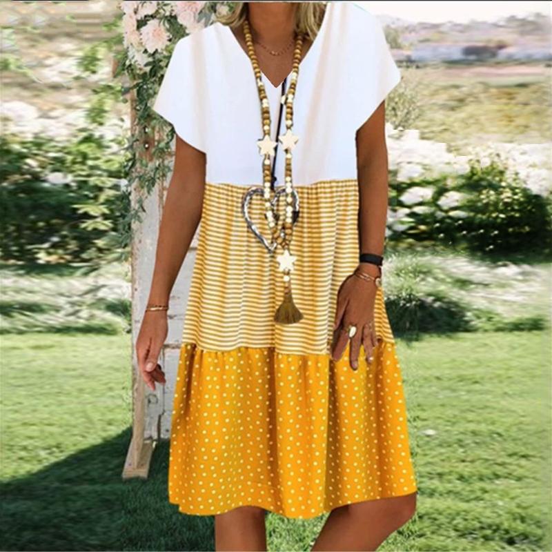 Ladies casual V-neck printed short sleeve dress