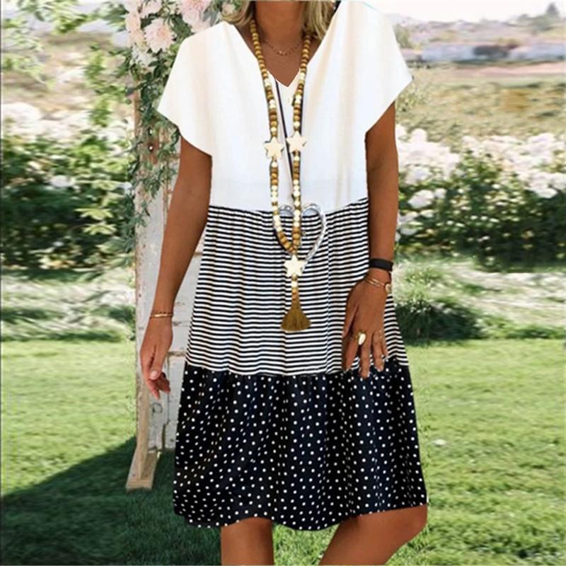 Ladies casual V-neck printed short sleeve dress