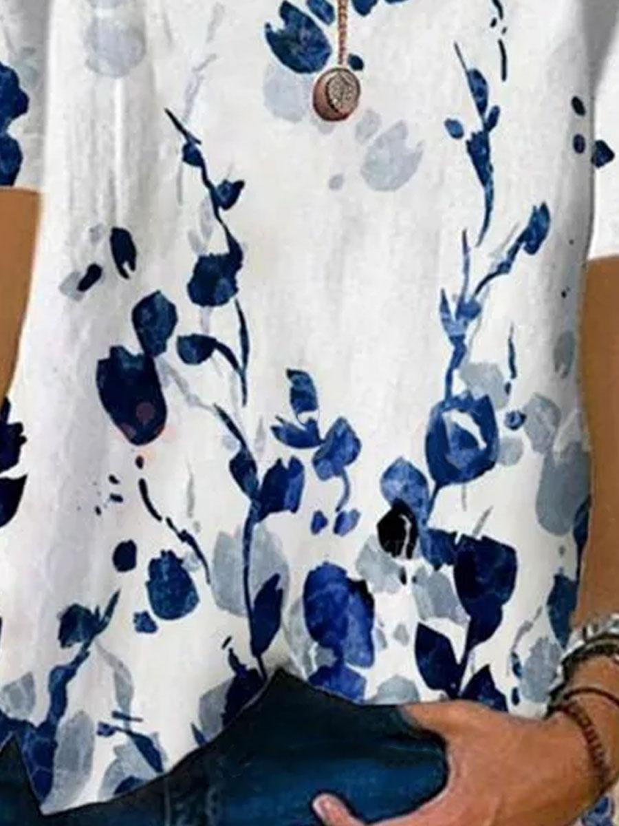 Round Neck Floral Print Loose Short Sleeve Fashion Blouse