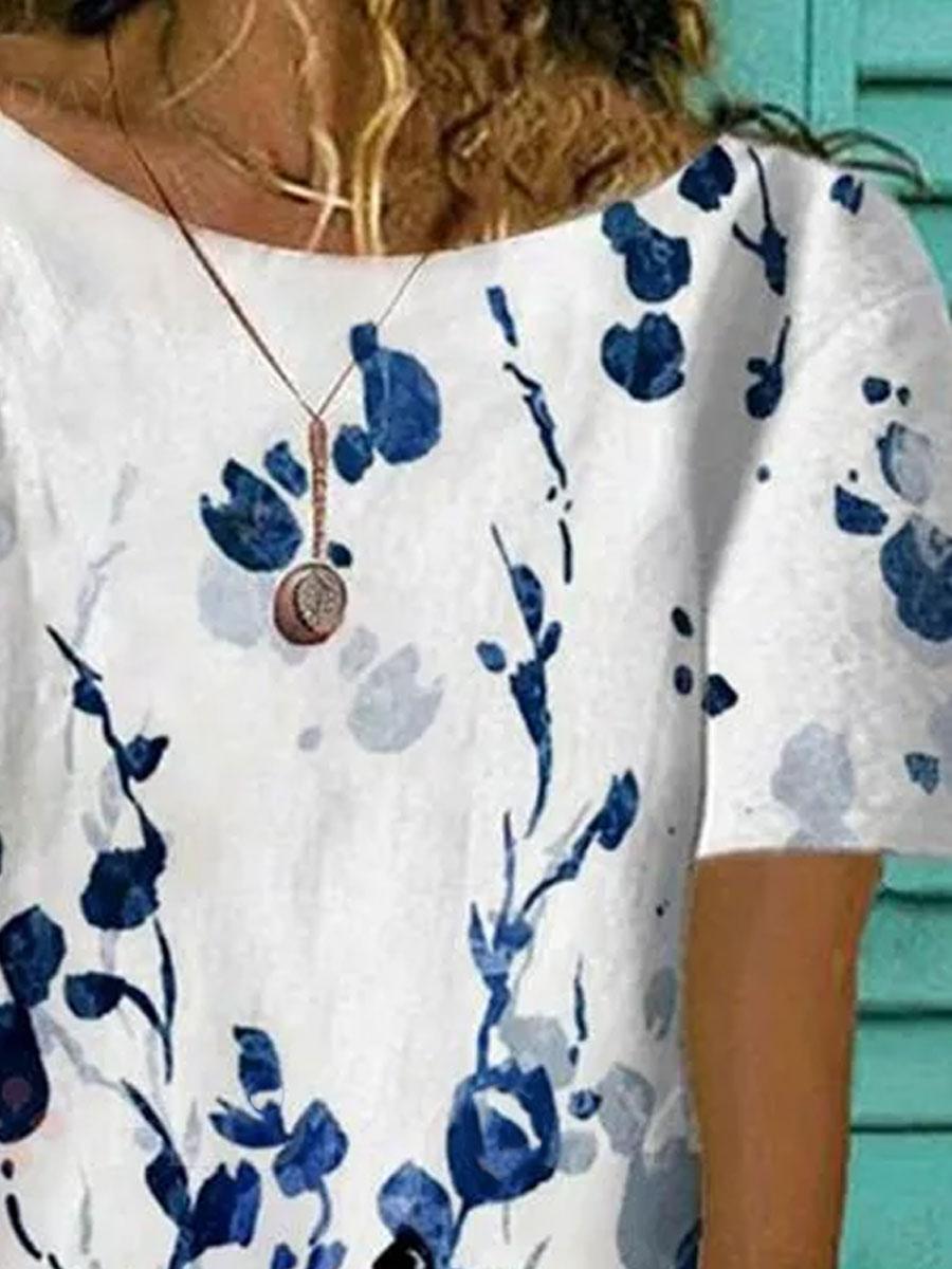 Round Neck Floral Print Loose Short Sleeve Fashion Blouse