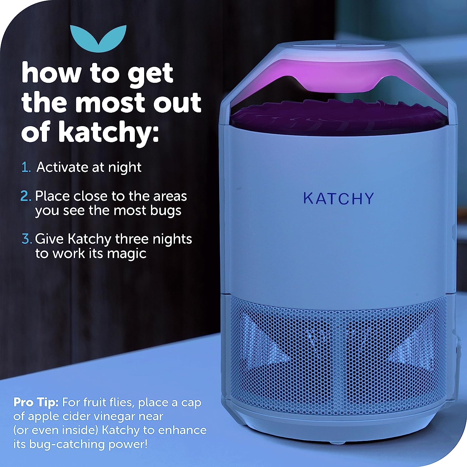 Katchy Indoor Insect Trap - Catcher &amp; Killer for Mosquitos, Gnats, Moths, Fruit Flies - Non-Zapper Traps for Inside Your Home - Catch Insects Indoors with Suction, Bug Light &amp; Sticky Glue (White)