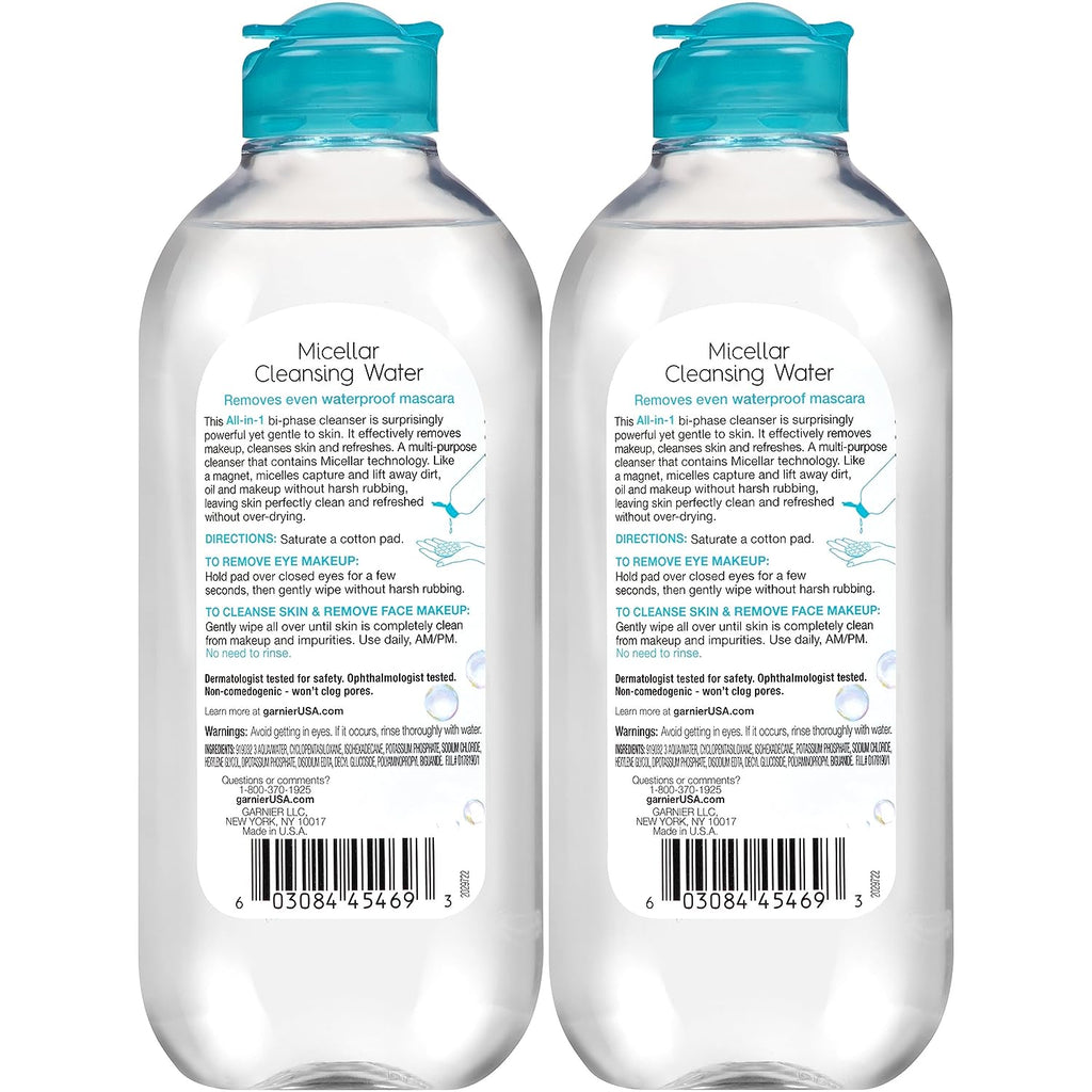 Garnier SkinActive Micellar Water For Waterproof Makeup, Facial Cleanser &amp; Makeup Remover, 13.5 Fl Oz (400mL), 2 Count (Packaging May Vary)
