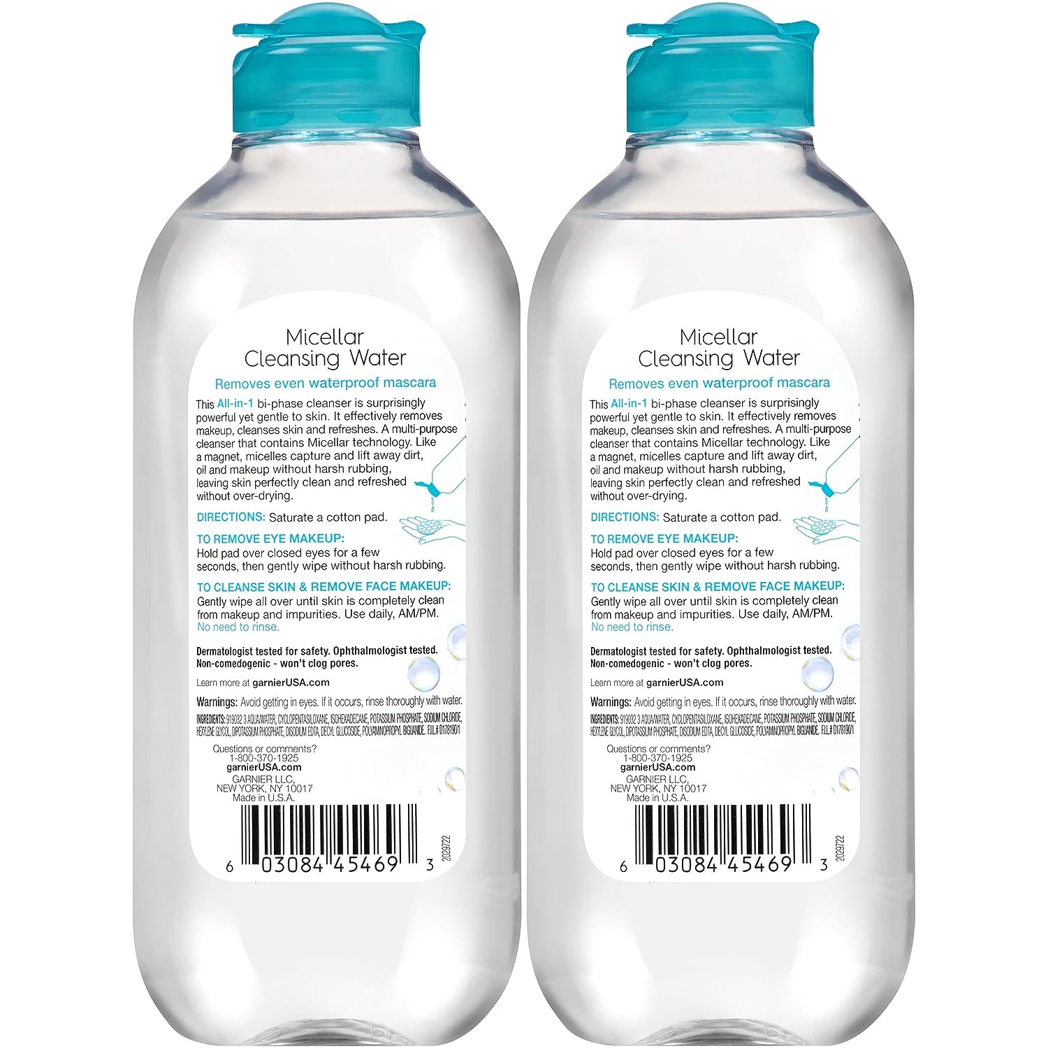 Garnier SkinActive Micellar Water For Waterproof Makeup, Facial Cleanser &amp; Makeup Remover, 13.5 Fl Oz (400mL), 2 Count (Packaging May Vary)