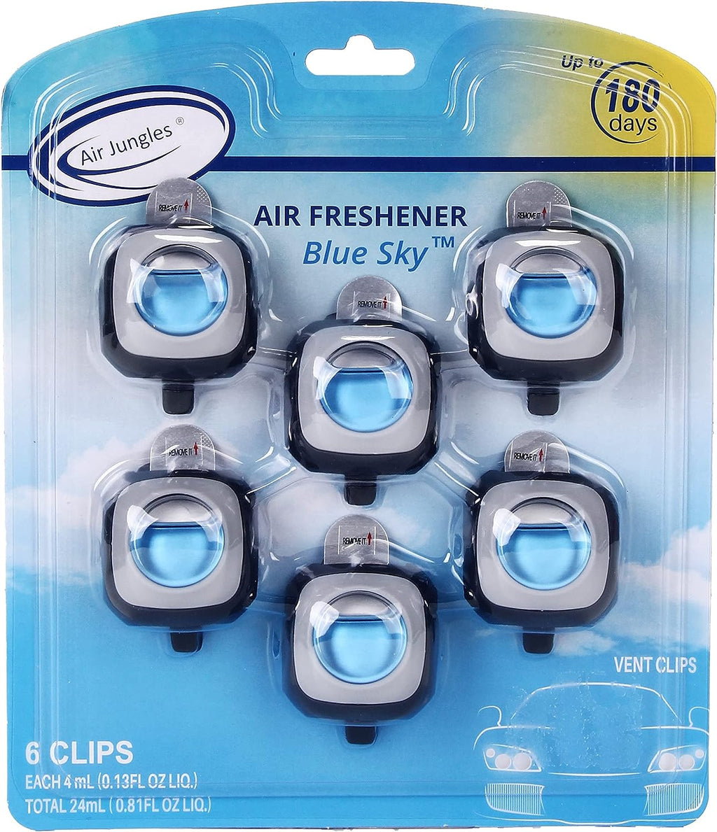 Air Jungles Car Scent Car Air Freshener Clip (Blue Sky), 6 Car Freshener Vent Clips, 4ml Each, Long Lasting Air Freshener for Car, Up to 180 Days Car Refresher Odor Eliminator