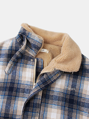 mens plaid thicken sherpa lined lapel cotton vintage overcoats with pocket