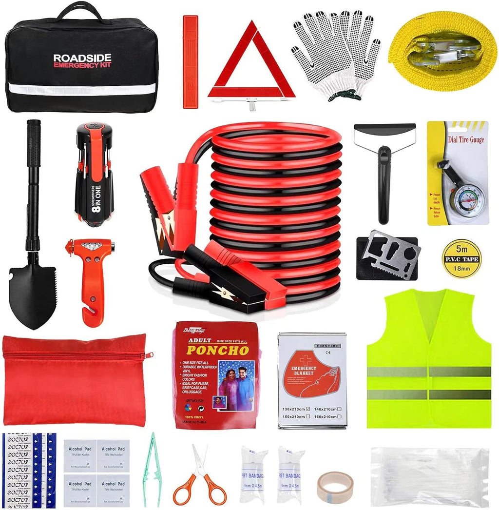 Emergency Car Kit,Roadside Safety Assistance Kit with Jumper Cable for Women Men Adult Girl Trip,Black Auto Truck Automotive Vehicle Road Side Emergency Bag with First Aid Kit Shovel for Driver Travel