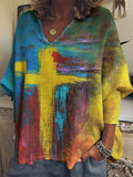elaxed casual ink cross print V-neck T-shirt