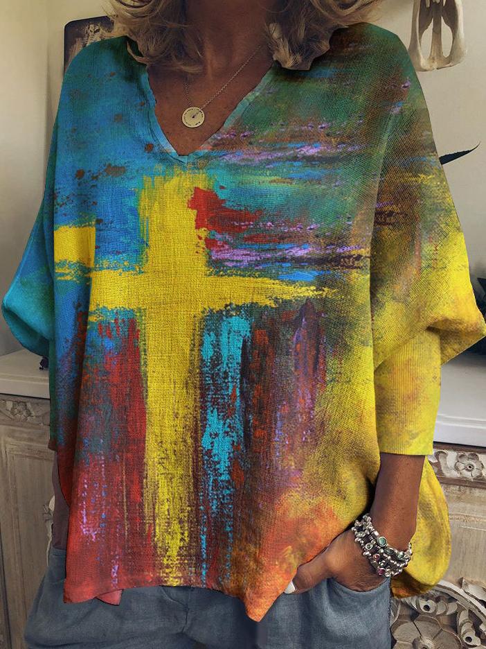 elaxed casual ink cross print V-neck T-shirt