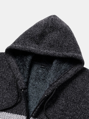 mens wide striped knit zip up plush lined thick hooded cardigans