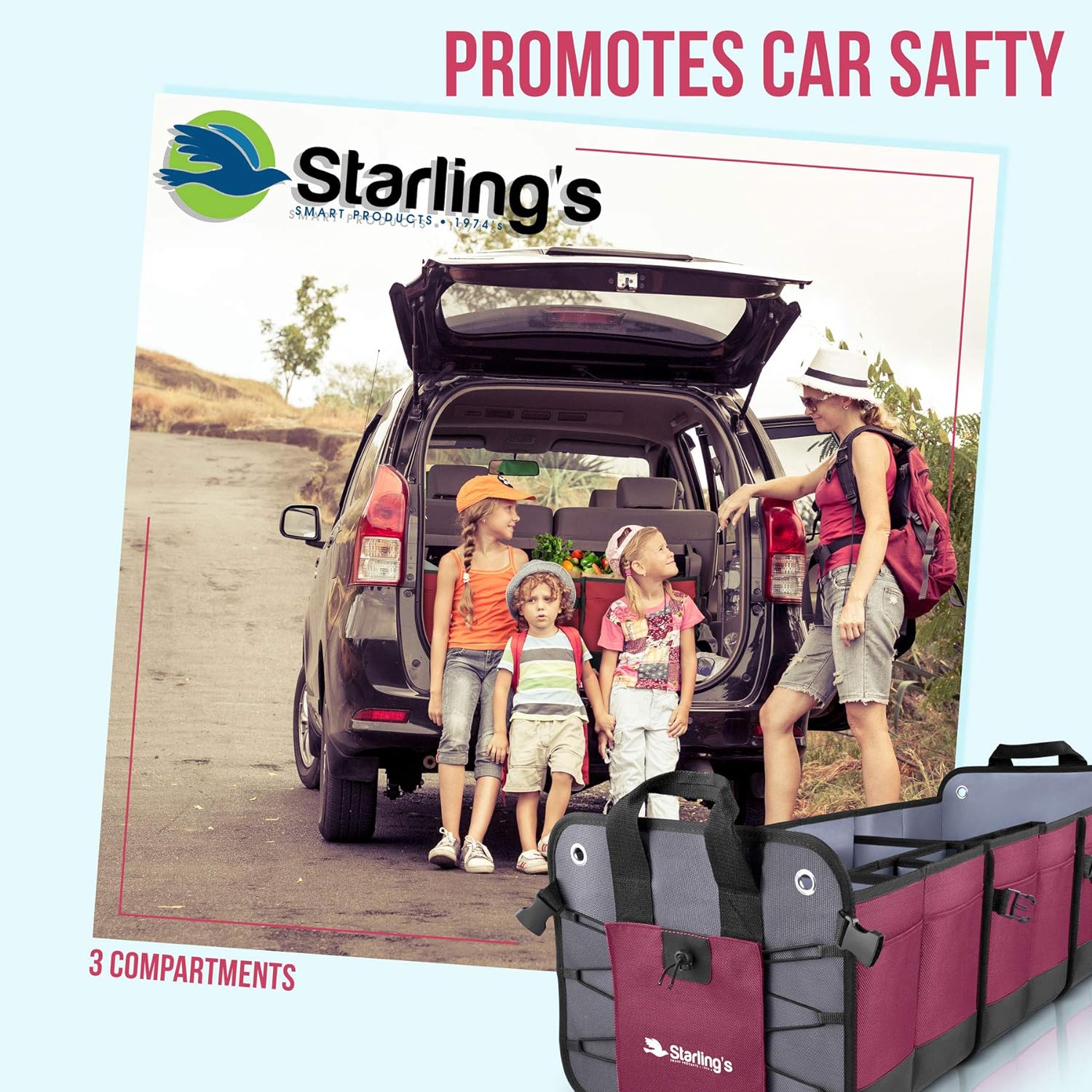 Starling's Car Trunk Organizer - Durable Storage SUV Cargo Organizer Adjustable (Bordeaux, 3 Compartments)