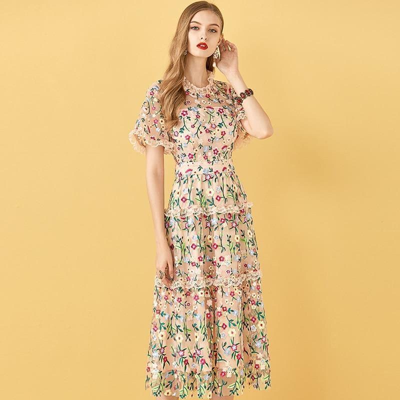 embroidery midi vintage dress