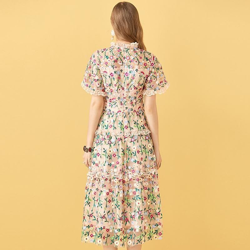 embroidery midi vintage dress