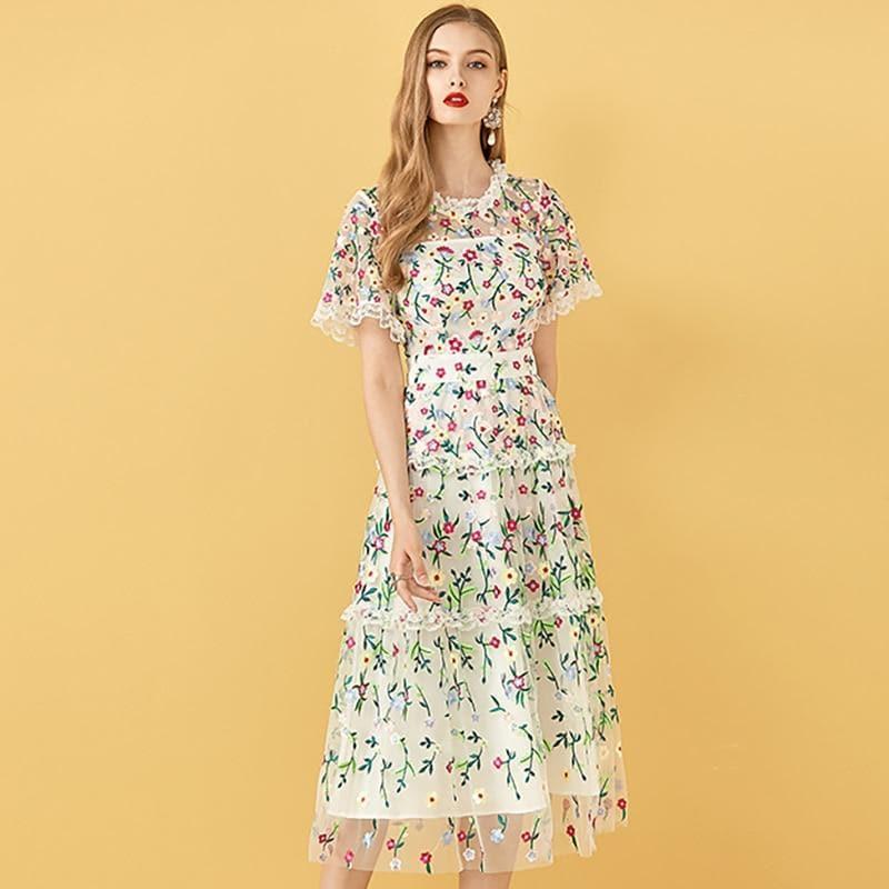 embroidery midi vintage dress