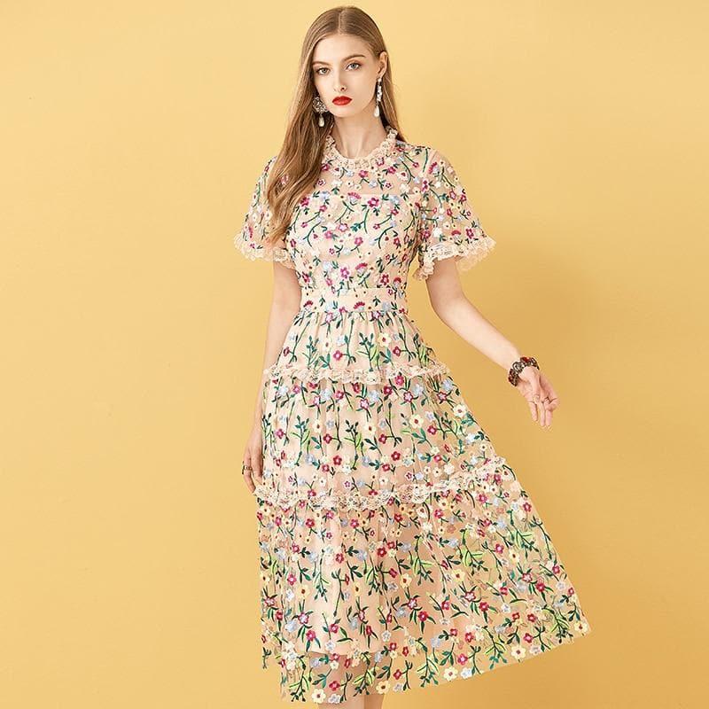 embroidery midi vintage dress