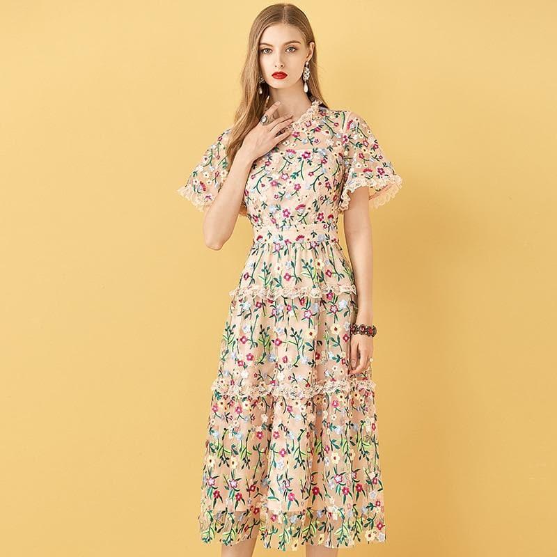 embroidery midi vintage dress