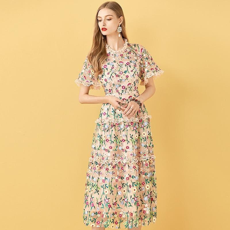 embroidery midi vintage dress