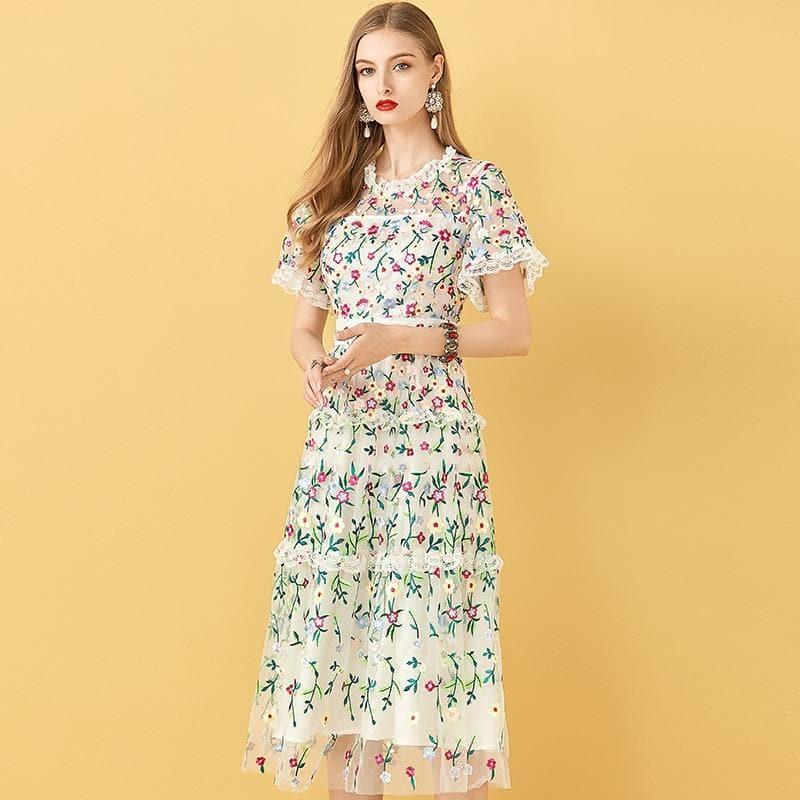 embroidery midi vintage dress