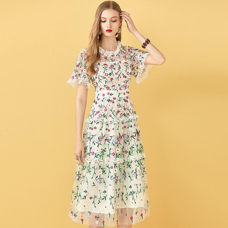 embroidery midi vintage dress