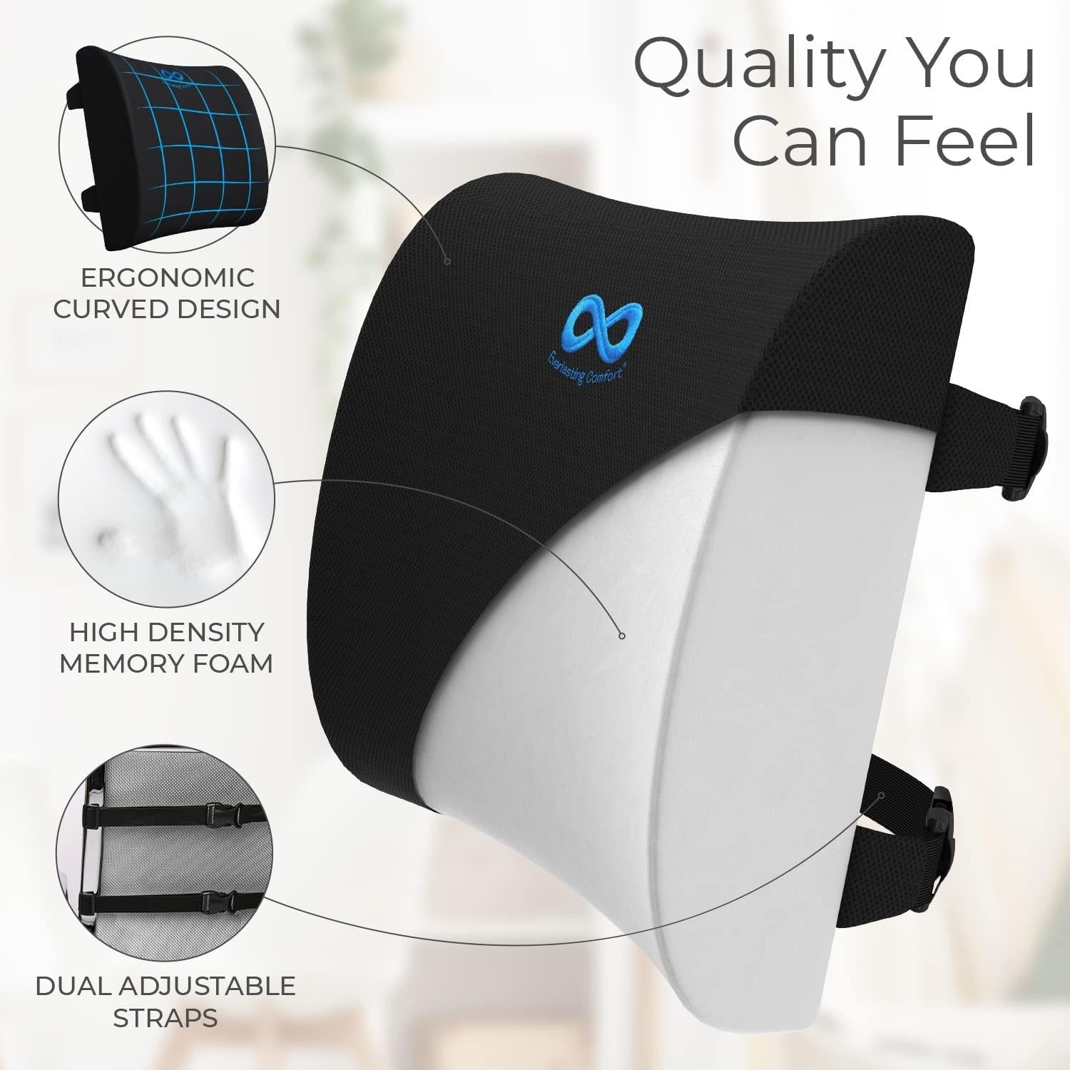 Everlasting Comfort Lumbar Support Pillow for Office Chair Back - Improve Posture While Sitting - Memory Foam Cushion Design for Computer Desk, Car, Gaming, Couch, Recliner