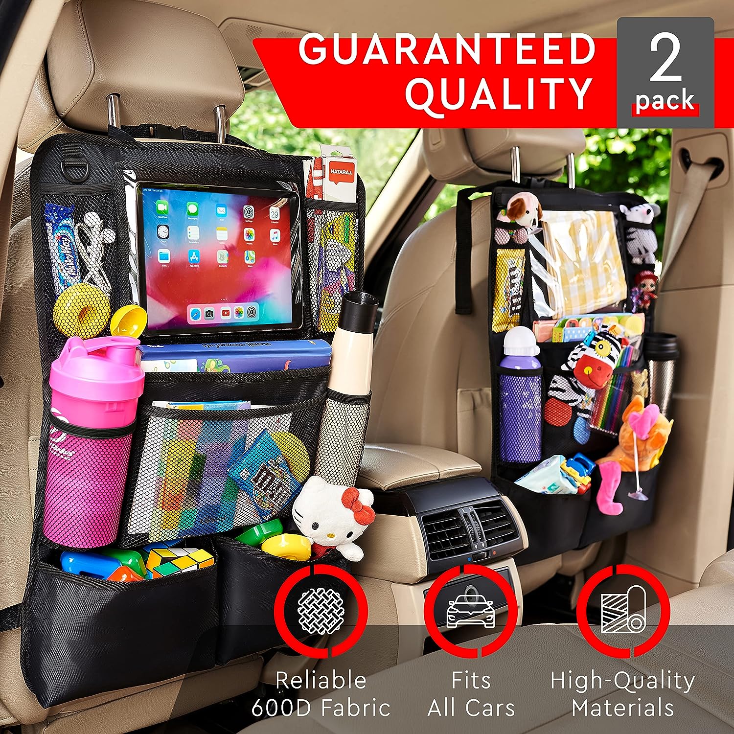 Helteko Backseat Car Organizer, Kick Mats Back Seat Protector with Touch Screen Tablet Holder, Car Back Seat Organizer for Kids, Car Travel Accessories, Kick Mat with 9 Storage Pockets 2 Pack, Black
