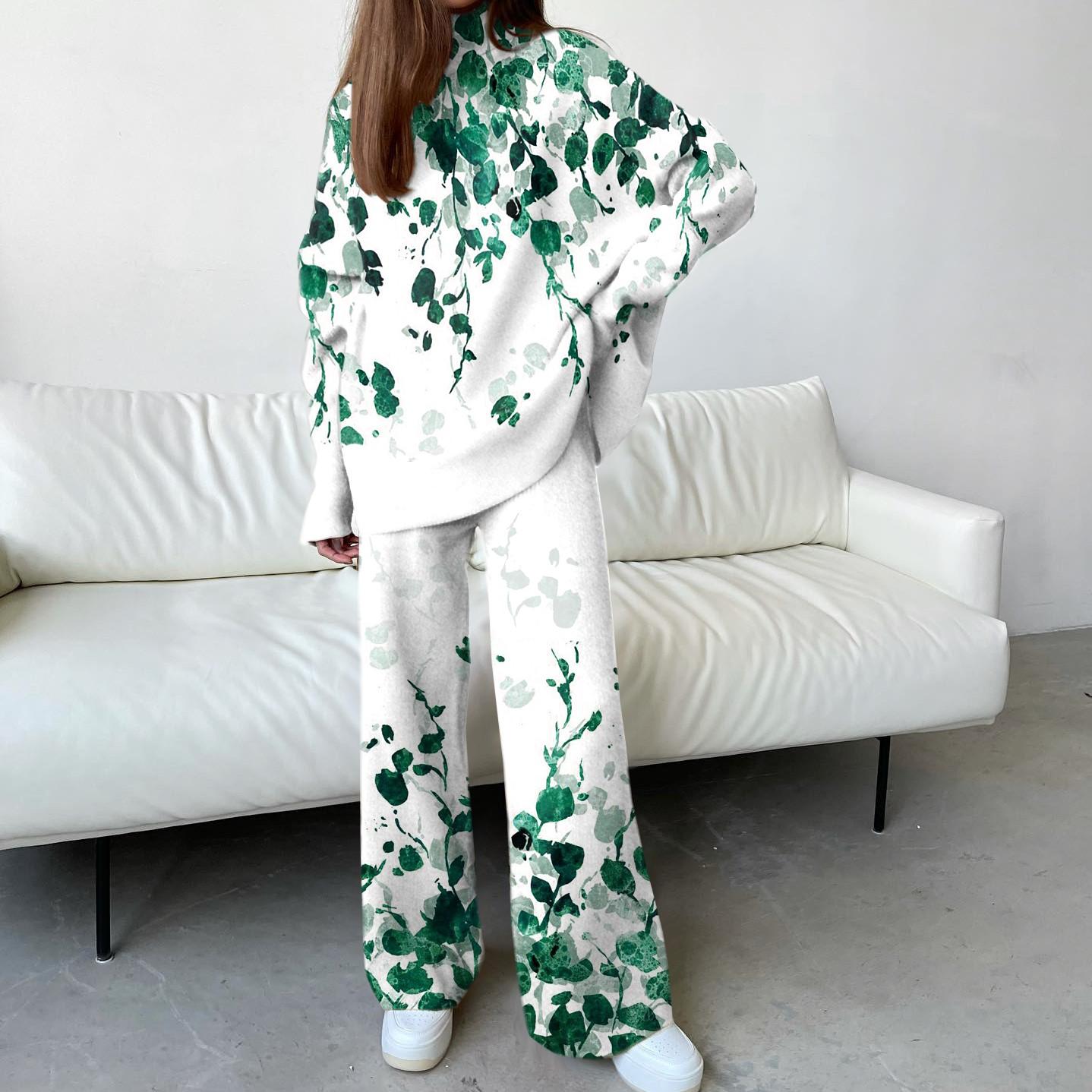 Women's Fashionable Green Print Drop Shoulder Loose Suit