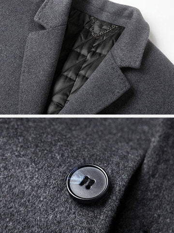 mens woolen pure color button up business casual mid-length overcoats