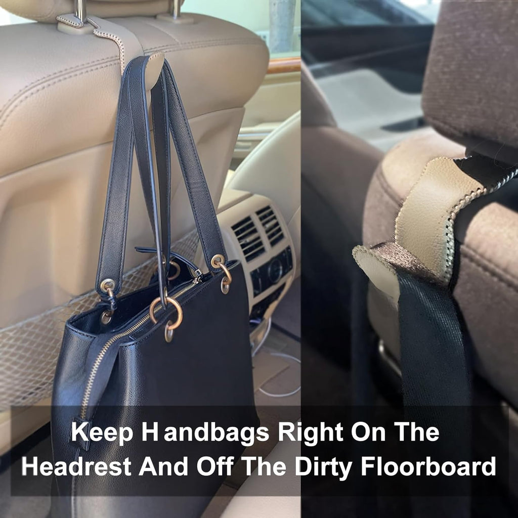 EldHus Seat Hooks for Purses and Bags, 4 Pack Car Purse Holder for Grocery Bag Handbag Clothes, Metal Headrest Hooks Covered by Leather, Beige