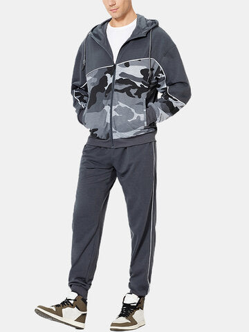 mens camo print patchwork zipper design drawstring hooded two pieces outfits