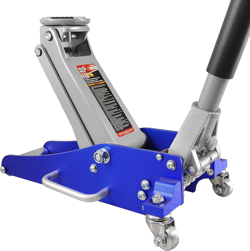 BIG RED T815016L Torin Hydraulic Low Profile Aluminum and Steel Racing Floor Jack with Dual Piston  Lift Pump, 1.5 Ton (3,000 lb) Capacity, Blue