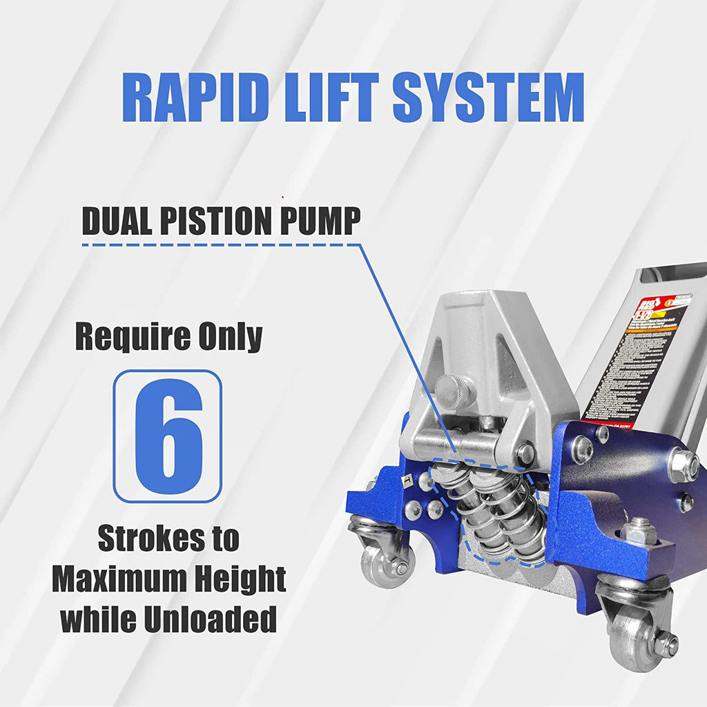 BIG RED T815016L Torin Hydraulic Low Profile Aluminum and Steel Racing Floor Jack with Dual Piston  Lift Pump, 1.5 Ton (3,000 lb) Capacity, Blue