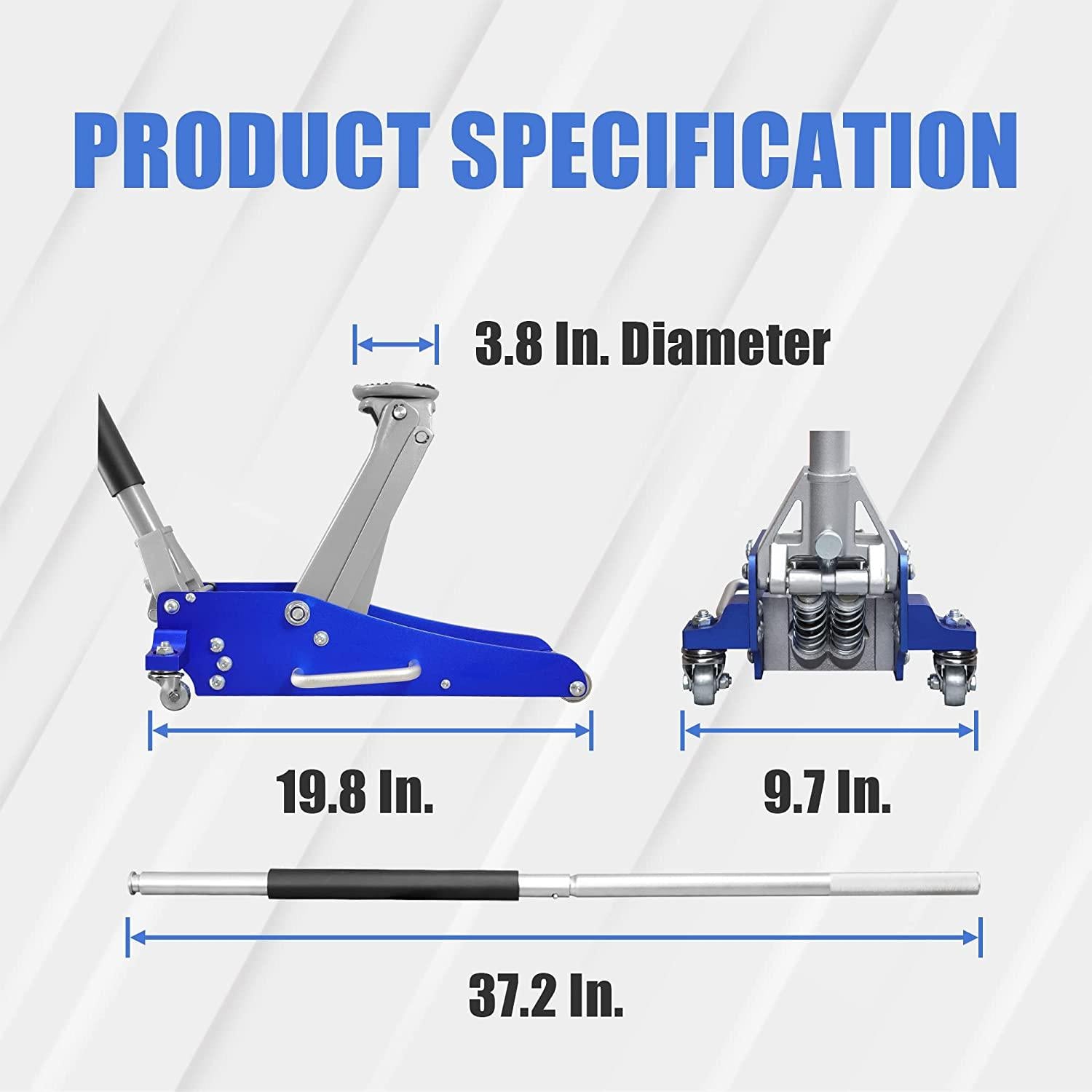 BIG RED T815016L Torin Hydraulic Low Profile Aluminum and Steel Racing Floor Jack with Dual Piston  Lift Pump, 1.5 Ton (3,000 lb) Capacity, Blue