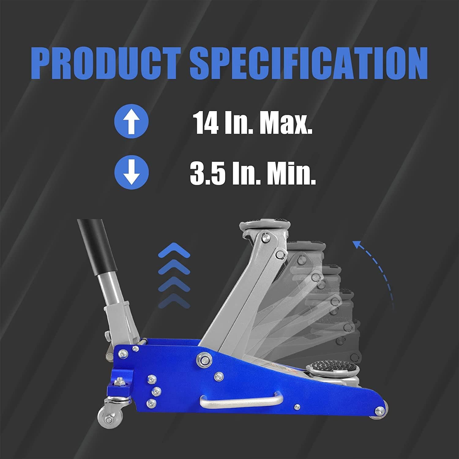 BIG RED T815016L Torin Hydraulic Low Profile Aluminum and Steel Racing Floor Jack with Dual Piston  Lift Pump, 1.5 Ton (3,000 lb) Capacity, Blue