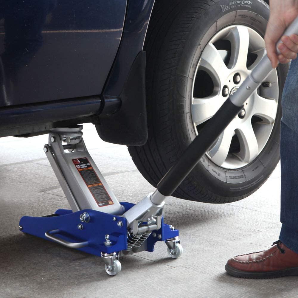 BIG RED T815016L Torin Hydraulic Low Profile Aluminum and Steel Racing Floor Jack with Dual Piston  Lift Pump, 1.5 Ton (3,000 lb) Capacity, Blue