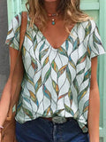 V-neck Leaf Print Fashion Short-sleeved T-shirt