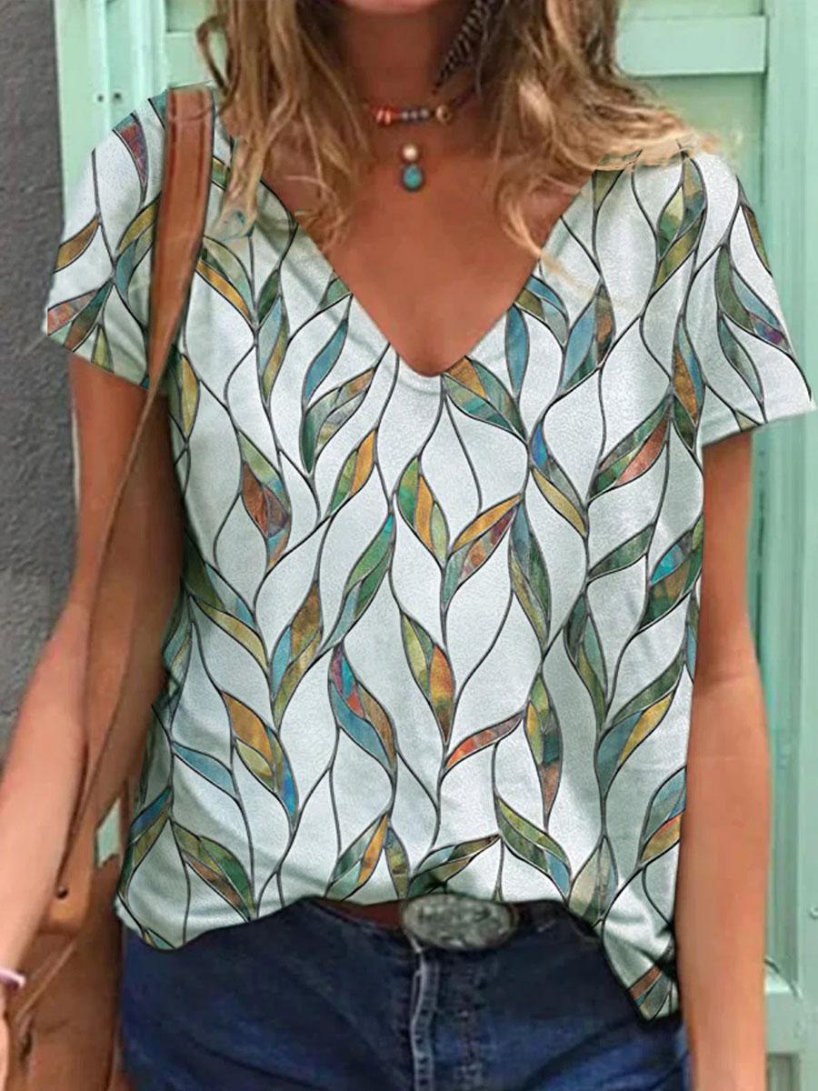 V-neck Leaf Print Fashion Short-sleeved T-shirt