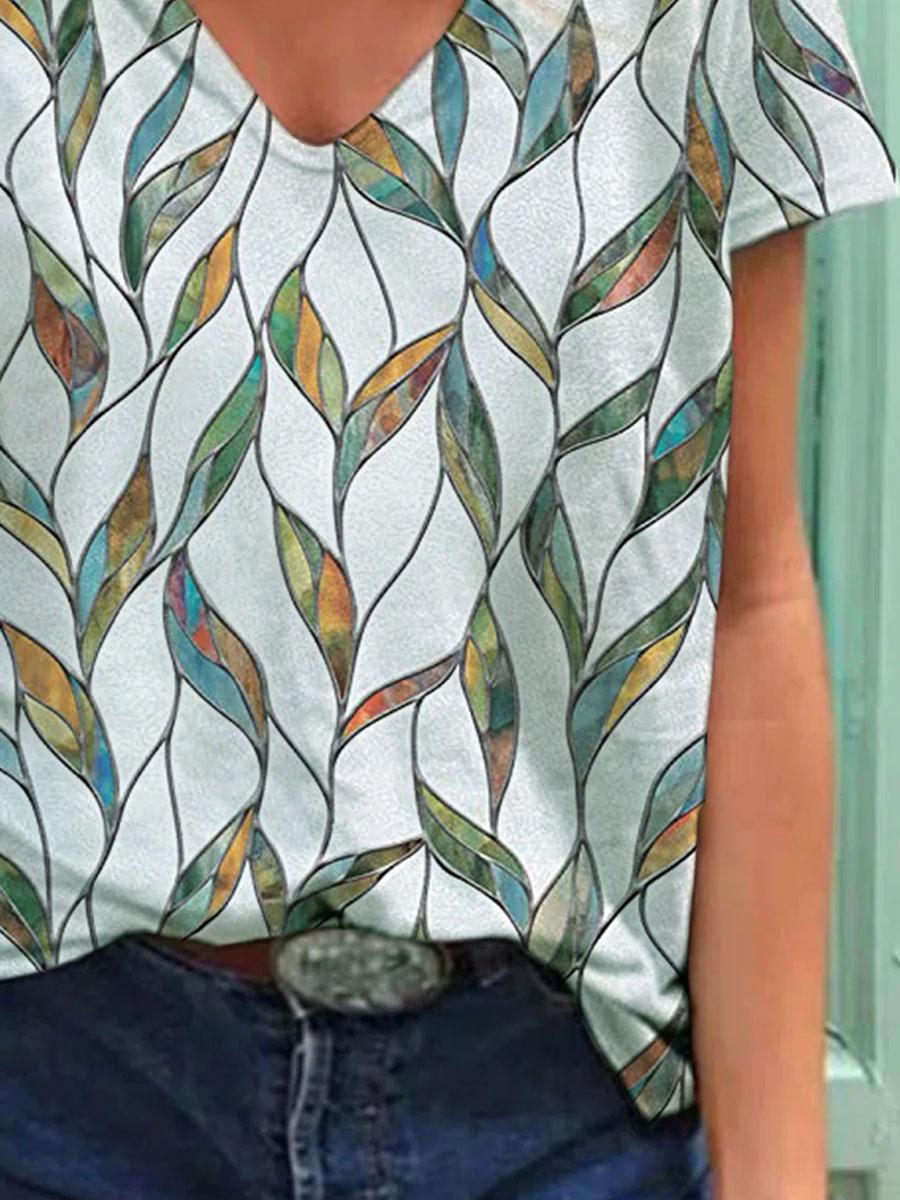 V-neck Leaf Print Fashion Short-sleeved T-shirt