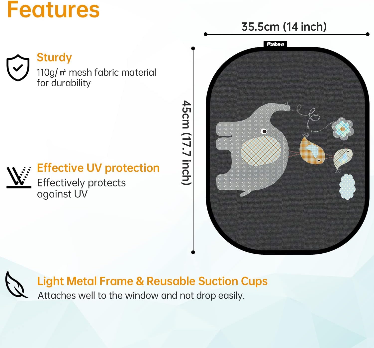 Pakoo Car Sun Shade Baby with UV Protection, Car Window Sun Shade for Children with Cute Animal Motifs, 2 Pack - 17.7 x 14 inches