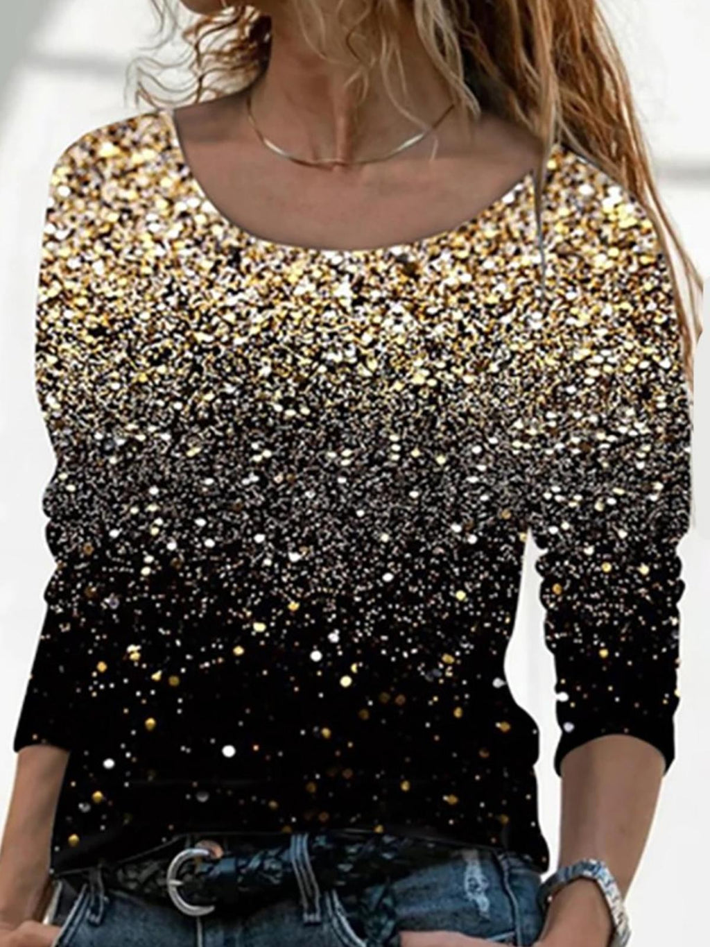 Sequin Print Round Neck And V-neck Long Sleeve Top