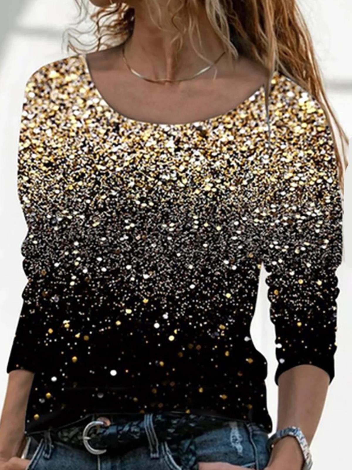 Sequin Print Round Neck And V-neck Long Sleeve Top
