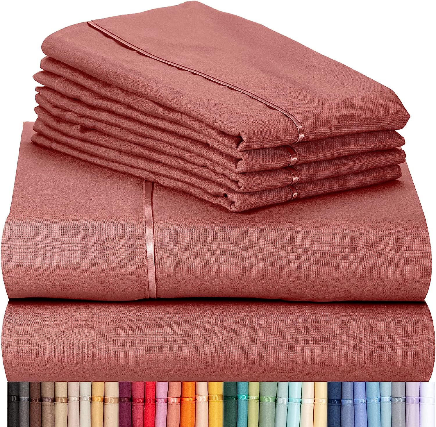 LuxClub 7 PC Split King Sheet Set Bamboo Sheets Deep Pockets 18" Eco Friendly Wrinkle Free Cooling Sheets Machine Washable Hotel Bedding Silky Soft - Salmon Pink Split King