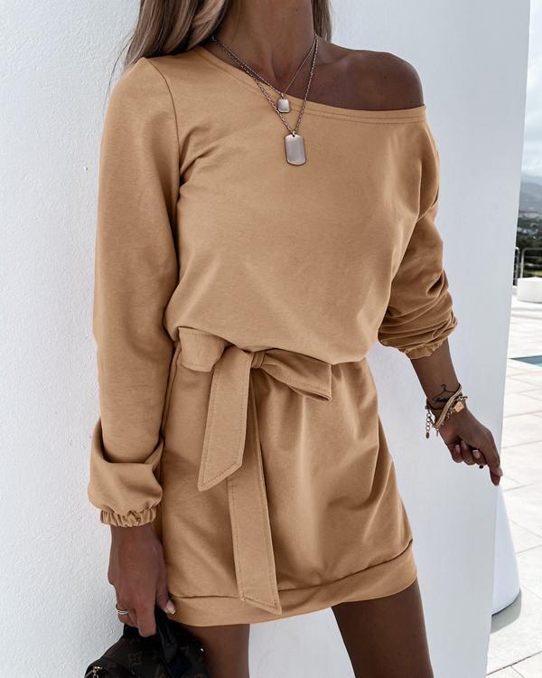 dew shoulder belted long sleeve mini dress