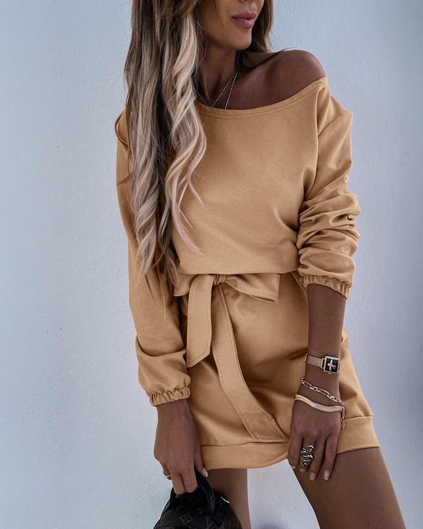 dew shoulder belted long sleeve mini dress