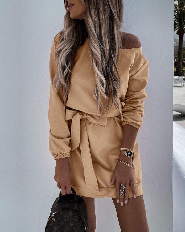dew shoulder belted long sleeve mini dress
