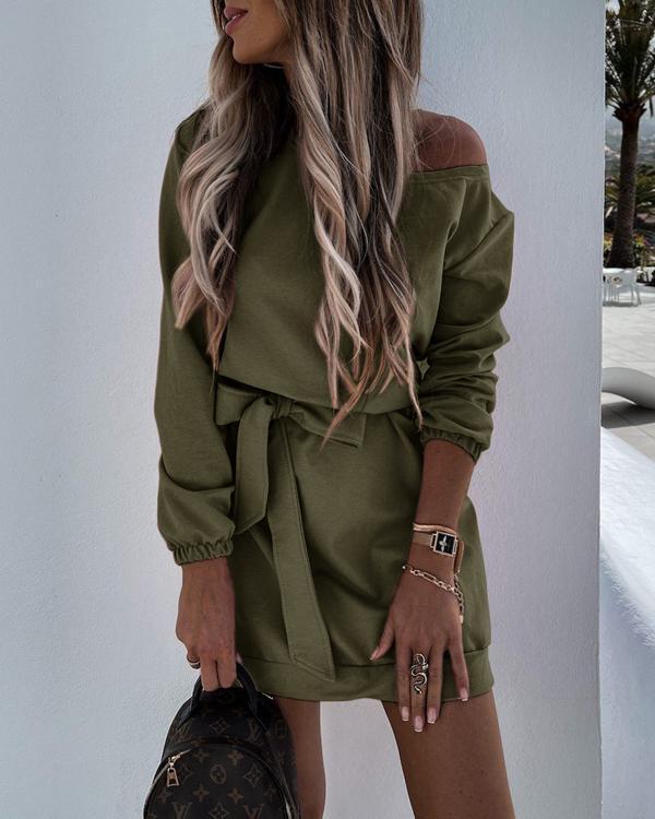 dew shoulder belted long sleeve mini dress